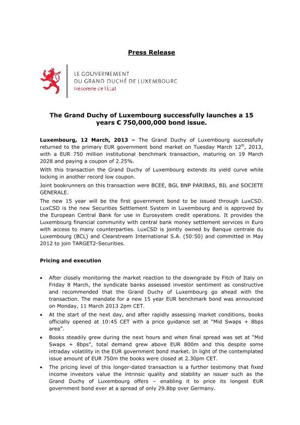 Grand Duchy of Luxembourg 0.75bn 2.25% 2013-2028 - Press release (12.03.2013)