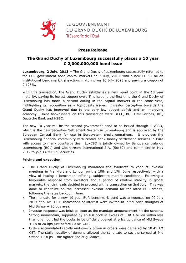 Grand Duchy of Luxembourg issues EUR 2 billion government bond - Press release (02.07.2013)